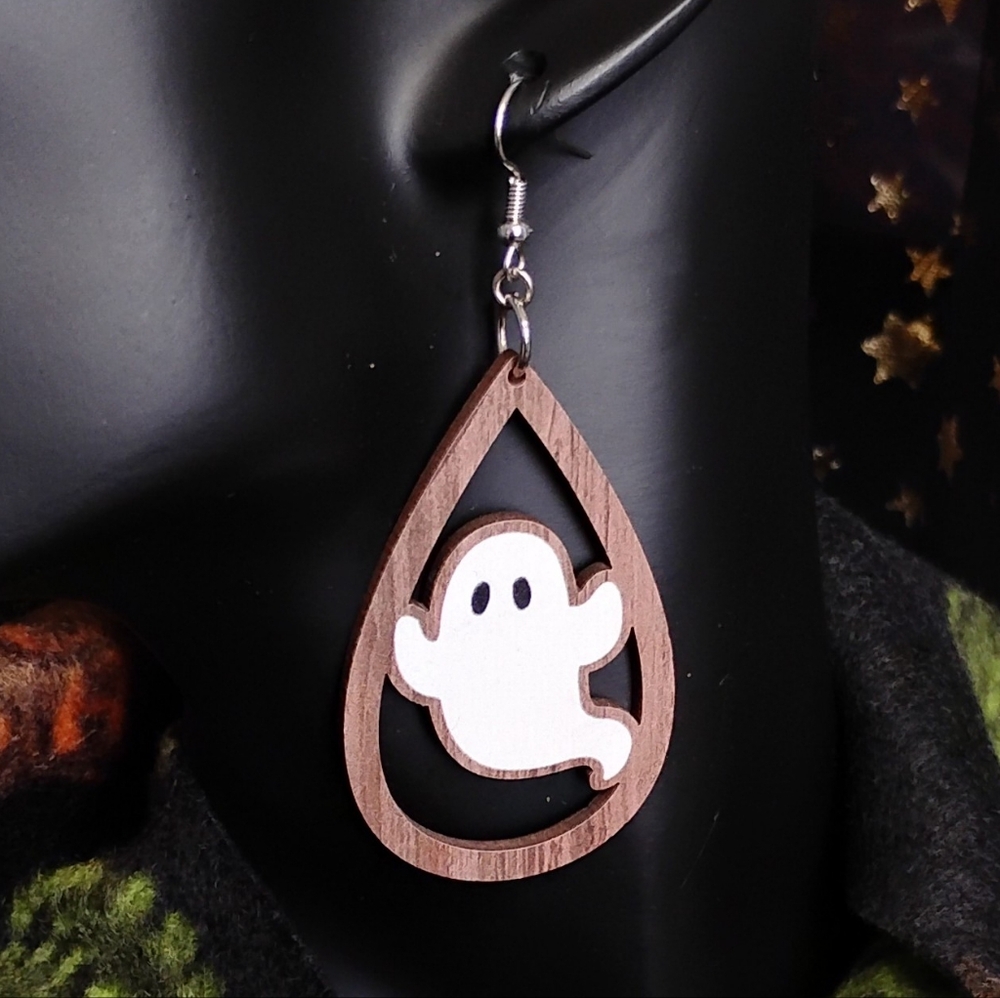 GROOVY GLAM Handmade Halloween Earrings Lazer Cutout Wood Ghost